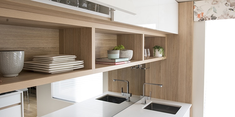 open wooden cupboards