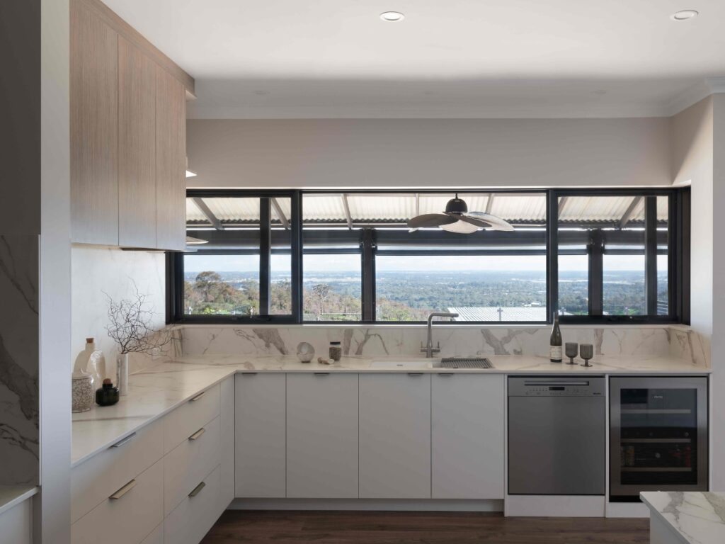 Modern kitchen with stunning views.