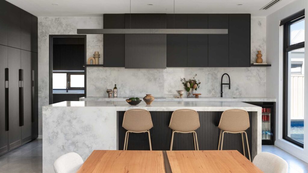 Grey Marble kitchen with black cabinetry
