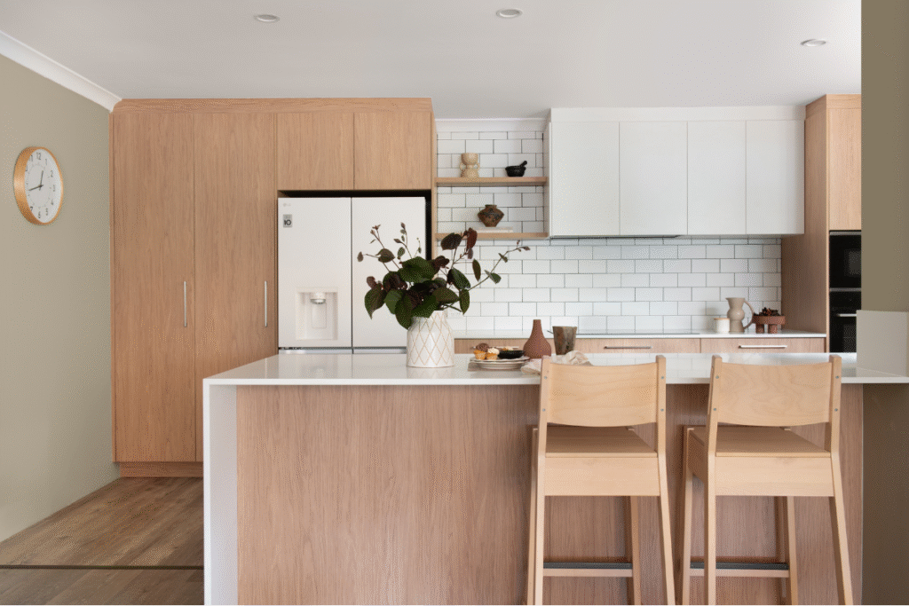 Plan a kitchen you'll love for years. white and timber modern kitchen