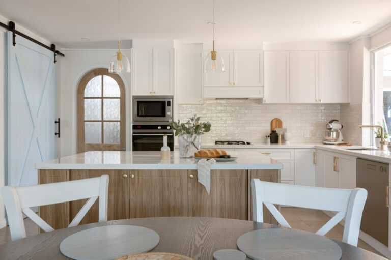 Hamptons coastal kitchen with wooden island