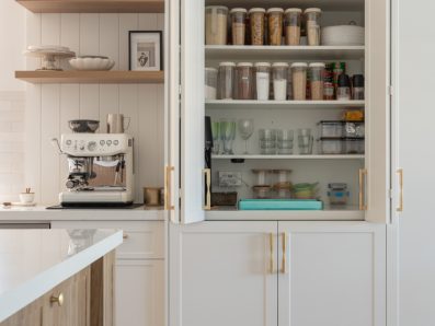 Hamptons coastal kitchen with organised pantry